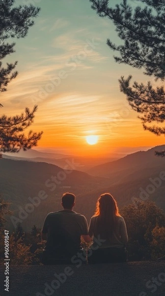 Fototapeta Romantic Sunset View Over Mountains