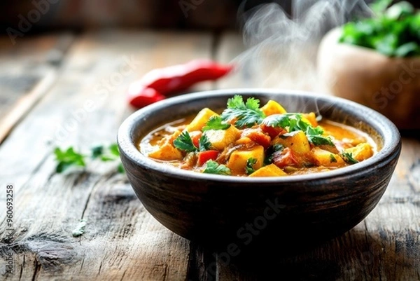 Fototapeta Delicious vegetable curry with tender potatoes and vibrant spices, garnished with fresh herbs, creating an inviting experience bursting with flavor