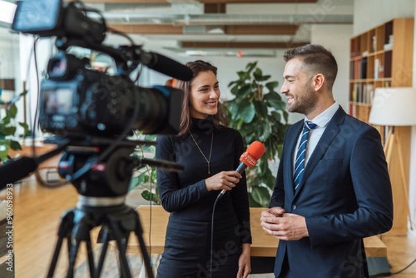 Obraz Businessman Being Interviewed by Journalist for Media Show: Broadcasting Success and Insights"
