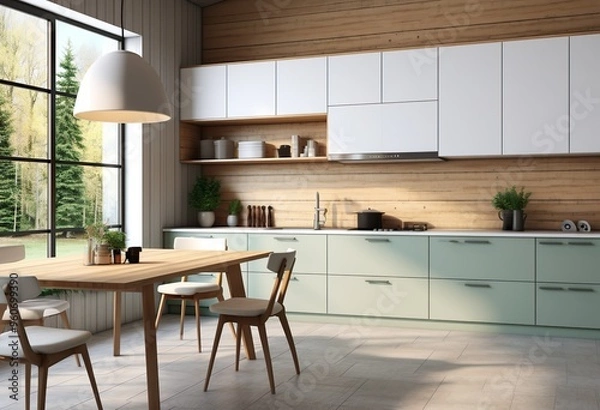 Fototapeta Blur background interior design, scandinavian minimalistic classic kitchen with wooden and white details, 3d illustration