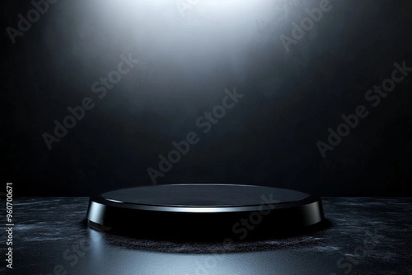 Fototapeta A sleek, black podium with a glossy, reflective surface, set against a dark background with soft, subtle lighting to create a dramatic effect.