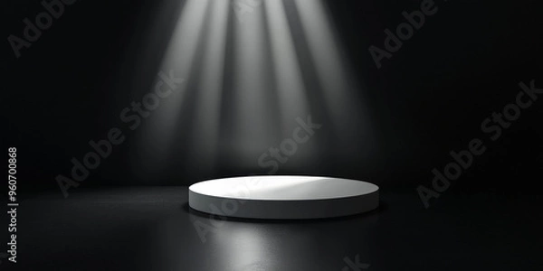Obraz A glossy white podium with a reflective surface, standing on a black floor with a deep shadowy background for a high-contrast, dramatic effect.