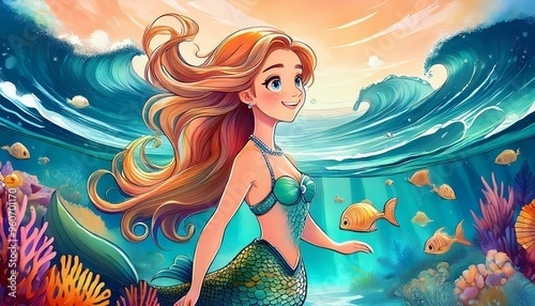 Fototapeta Mermaid Chronicles- A young mermaid exploring the ocean, encountering magical sea creatures, and learning about the importance of ocean conservation