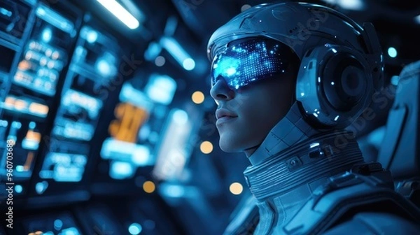 Fototapeta Futuristic Cyborg Pilot in High-Tech Control Room with Holographic Display