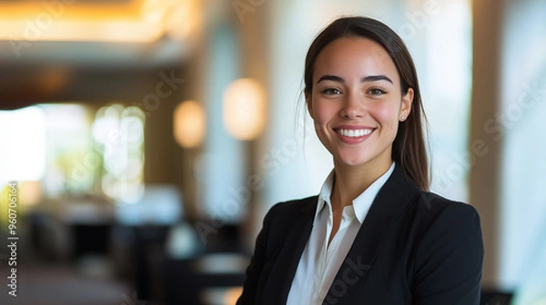 Fototapeta portrait of a smiling female hotel manager looking at the camera, highlighting her professional demeanor and leadership qualities. Ideal for capturing the essence of hotel manageme