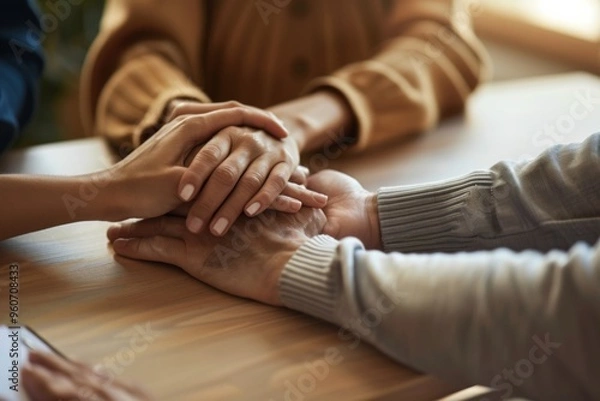 Fototapeta A gathering of supportive hands representing trust, compassion, and hope at a community rehab table during a group meeting