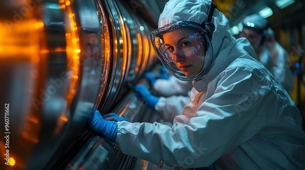 Fototapeta Team of scientists using a particle accelerator to study the properties of newly synthesized superheavy elements