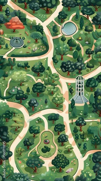 Obraz A map of a park in a lush ecoregion, showcasing an abundant variety of trees and paths for visitors to explore the natural environment and observe diverse terrestrial plants and organisms
