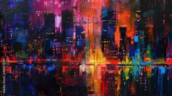 Fototapeta An abstract cityscape with tall buildings and colorful lights