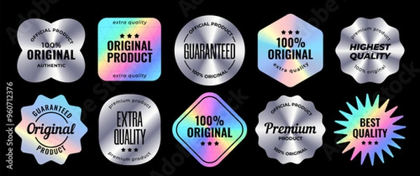 Fototapeta Set of holographic labels. Silver Hologram stickers of different shapes with text stamps. Original product, guarantee and premium quality. Marketing Labels. Vector illustration isolated on background