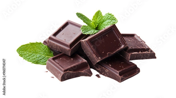 Obraz Dark Chocolate Pieces with Mint on Transparent Background