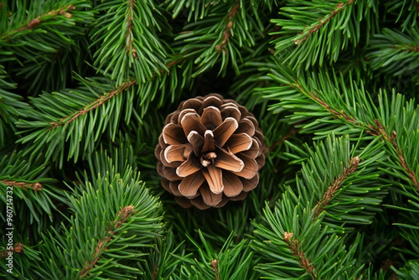 Obraz Close-up of a pine cone nestled in evergreen branches, suiting holiday themes.