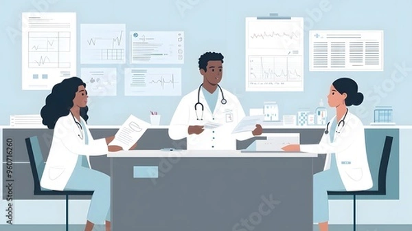 Fototapeta  Illustration of three medical professionals in an office setting, discussing patient data