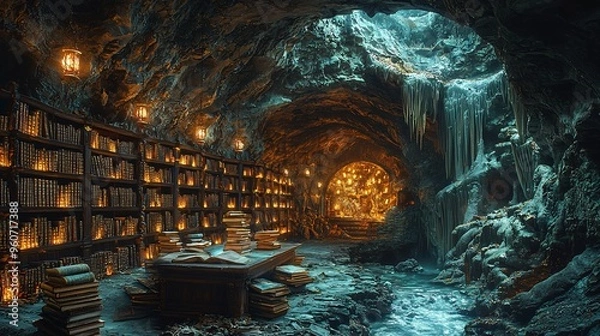 Fototapeta An ancient library hidden deep within a cave, lit by a soft, golden glow from hanging lanterns