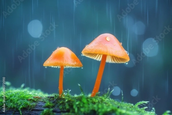 Fototapeta Rain falls on orange mushrooms, also known as umbrella mushrooms, Marasmius siccus
