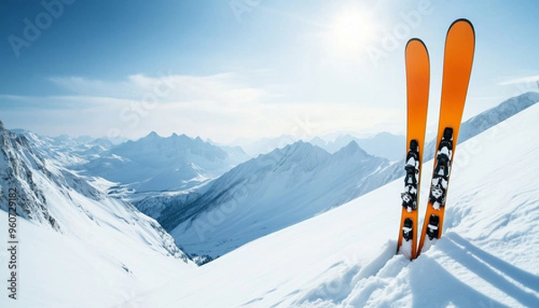 Fototapeta mountain skis on the slope with a text space, winter sport skiing , winter ski resort advertisement with copy space 