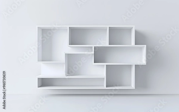 Obraz A side view 3D render of a modern white shelving unit with simple, clean lines.