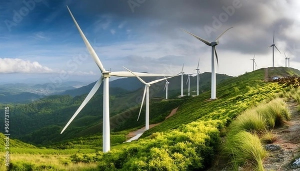 Fototapeta Wind turbines on a scenic hilltop