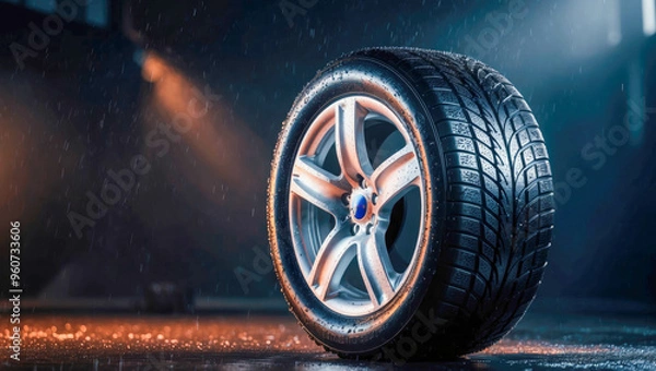 Fototapeta A tire in the rain illuminated by warm lights, symbolizing durability in tough weather conditions