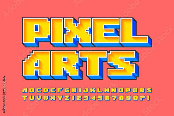 Obraz Pixel vector alphabet design, stylized like in 8-bit games. High contrast and sharp, retro-futuristic.