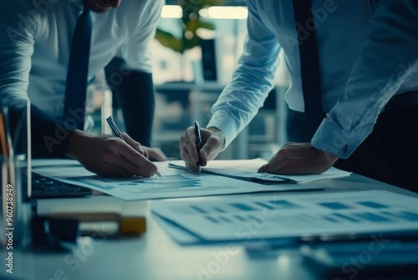 Fototapeta Close up of professional business managers working with project documents in office 