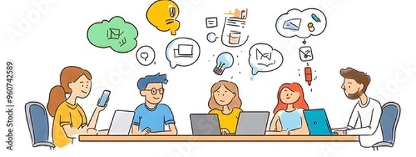 Fototapeta A simple doodle of team members around the table, each with their own laptop and office supplies, talking about ideas in small bubbles above them