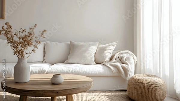 Fototapeta Scandinavian home with round wooden coffee table and white sofa