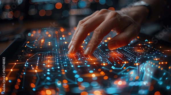 Fototapeta A software engineer uses a digital tablet with an internet network connection to interact with advanced software technology