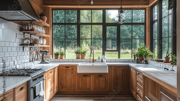 Fototapeta Farmhouse kitchen with wooden cabinets and white subway tile backsplash