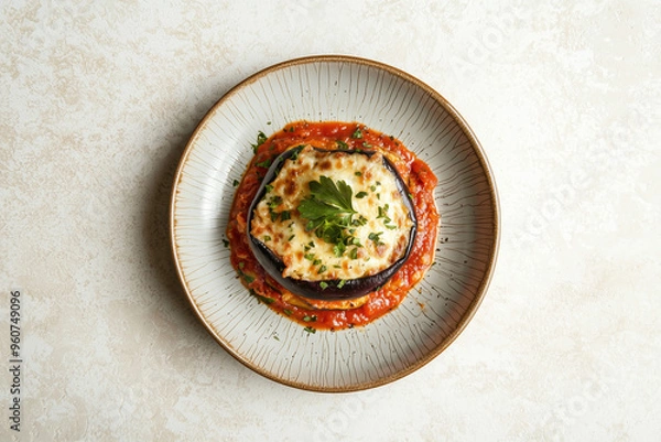 Obraz Eggplant Parmesan dish on table top view