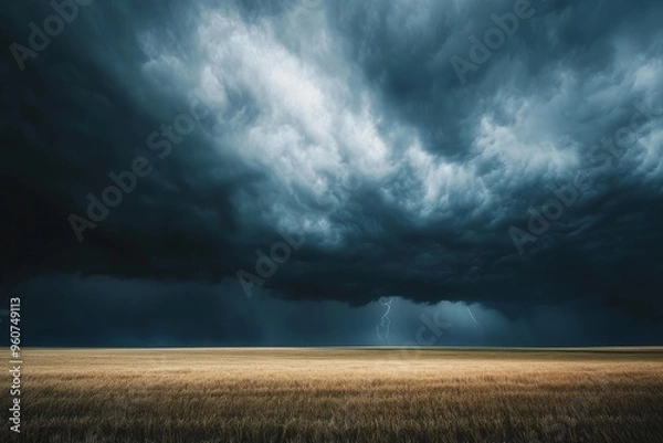 Fototapeta Dark storm clouds and rain rolling over wide open fields of farmland, with distant thunder 