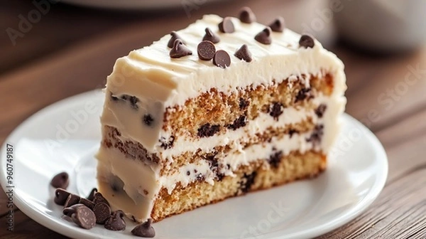 Fototapeta A slice of cake with chocolate chips on top