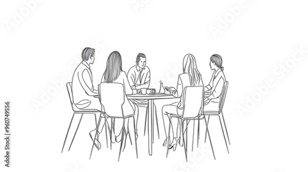 Fototapeta A simple line drawing of five people sitting around a table, talking against a white background