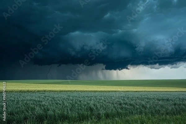 Fototapeta Dark storm clouds and rain rolling over wide open fields of farmland, with distant thunder