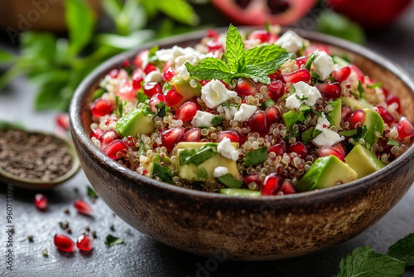 Fototapeta A vibrant quinoa salad with fresh ingredients, showcasing pomegranate seeds and avocado in a rustic wooden bowl