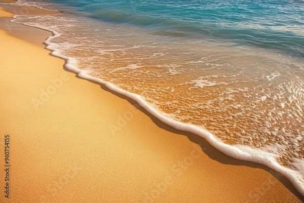 Fototapeta Fine, golden sand with subtle waves for a tropical beach vibe 