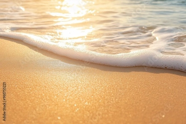 Fototapeta Fine, golden sand with subtle waves for a tropical beach vibe 