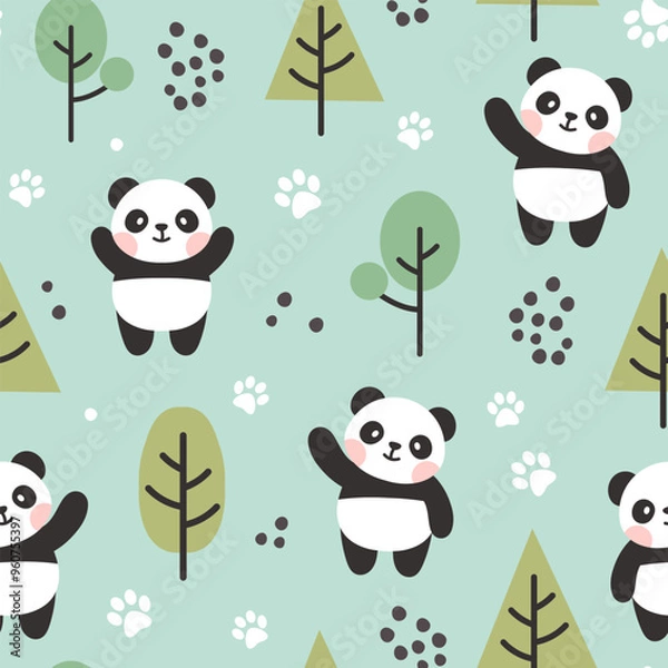 Obraz cute panda bear cheering pose mint green forest kids scandinavian style seamless pattern background with trees and animal footprints. Bedding children vector design, fabric and textile print.