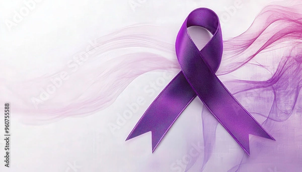 Fototapeta Purple ribbon with pink abstract waves symbolizing breast cancer awareness and support.