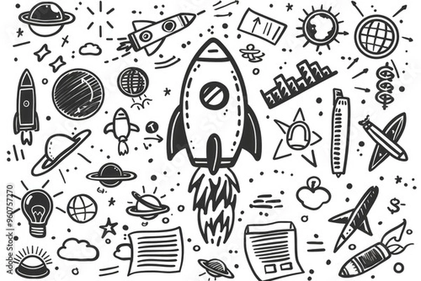 Fototapeta Black and white drawing of a rocket, suitable for use in educational materials or scientific publications