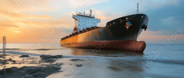 Obraz Large container freight cargo ship stuck in low water at sandy shore. Generative AI