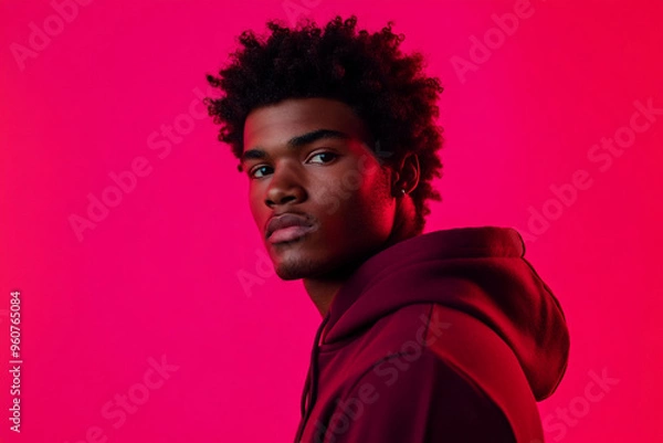 Obraz Stylish Burgundy Hoodie for Men with Neon Pink Trendy Fashion Portrait, Vibrant Background
