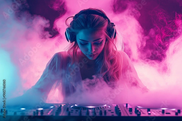Obraz beautiful girl with big headphones on her head at a techno party illuminated by pink and blue party lights, generative AI