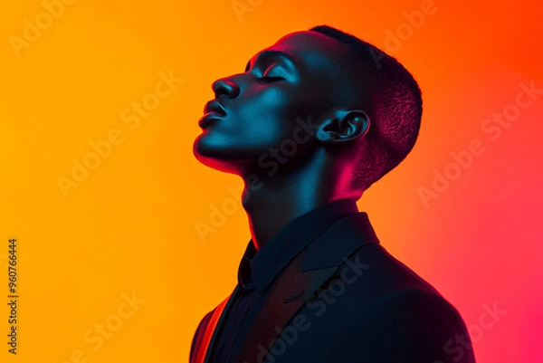 Obraz Stylish Mens Charcoal Suit with Neon Orange Fashion Lifestyle Portrait, Modern Background