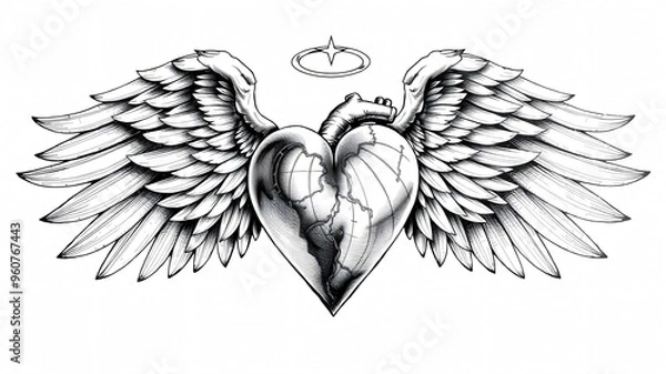 Obraz Detailed illustration of a broken heart surrounded by angel wings and a halo in a captivating design