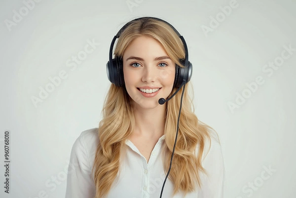Fototapeta Portrait of a young woman with a headset and microphone, perfect for customer service or call center visuals, generative AI