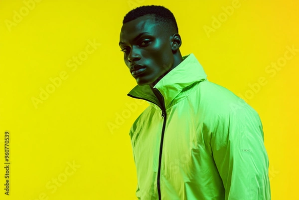 Obraz Stylish Mens Neon Green Track Suit with Solid Neon Yellow Details, Modern Lifestyle Portrait