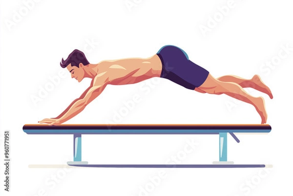 Fototapeta A male gymnast performs a dynamic move on the pommel horse during an intense training session in a sports facility