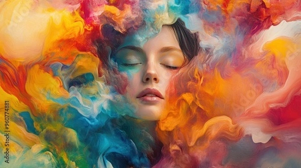 Fototapeta Woman's Face Immersed in Abstract Colorful Swirls