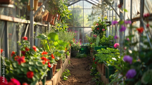 Fototapeta greenhouse with plants and foggy watering  automatic  system